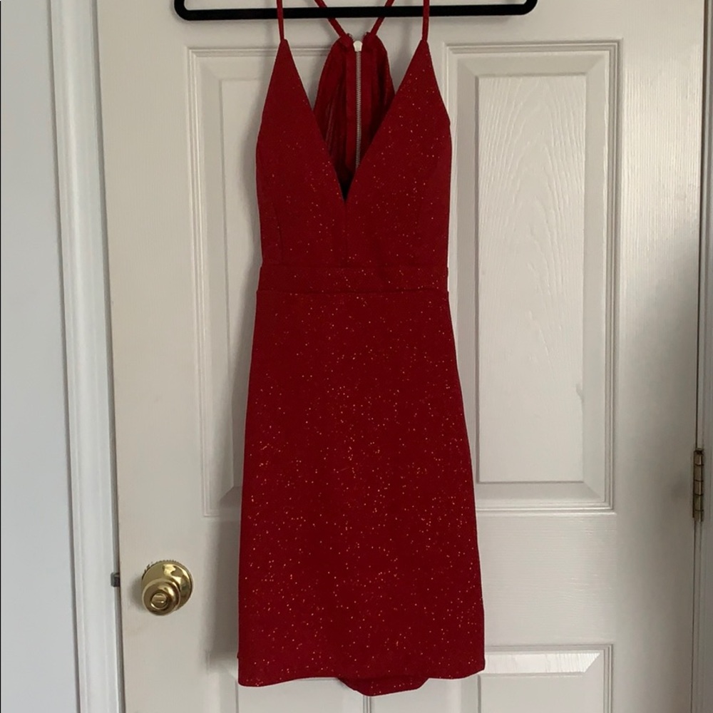 Sparkly red V-neck mini dress
